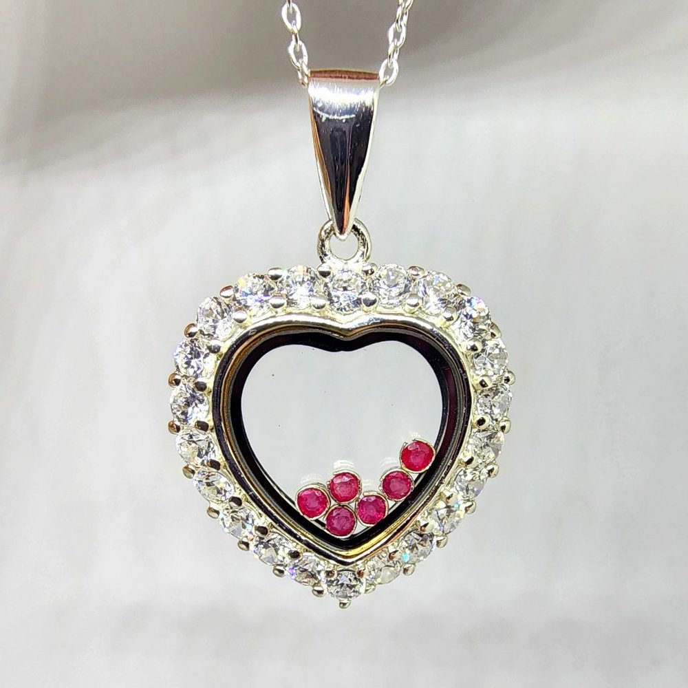 Sterling Silver Floating Heart Window Pink Stones Crystal Accent 18" Necklace